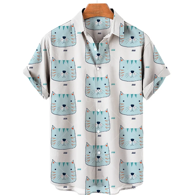 2023 Summer Cat Print Hawaiian Shirt Men\'s Beach Vacation Casual Tops Plus Size Loose And Simple Outdoor 3XL Button Shirts