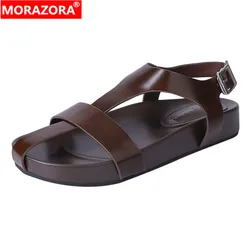 MORAZORA 2024 New Split Leather Women Sandals Buckle Platform Flat Sandals Handmade Retro Summer Casual Shoes Simple Ladies Shoe