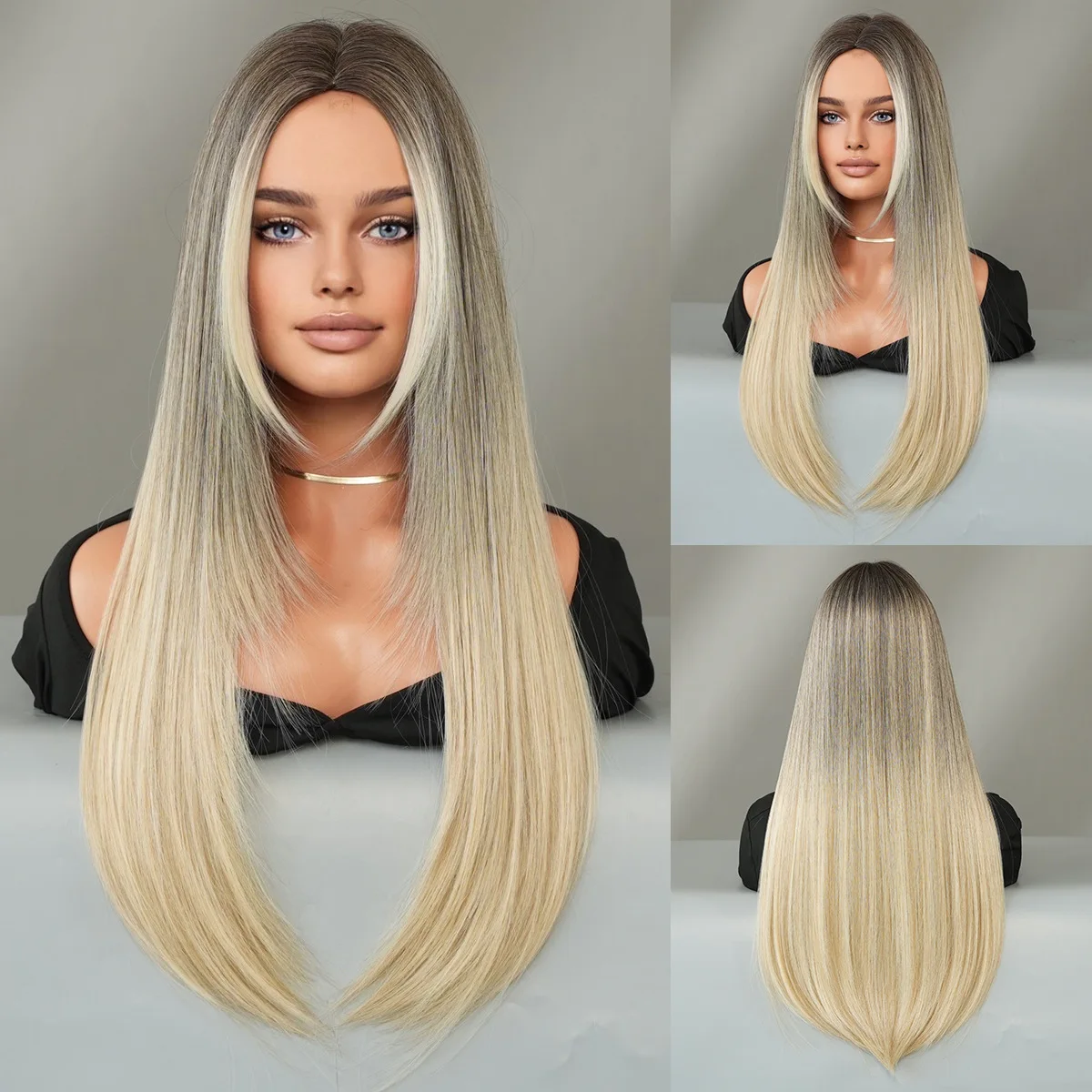 

Women's long straight wig chemical fiber mechanism full head cover