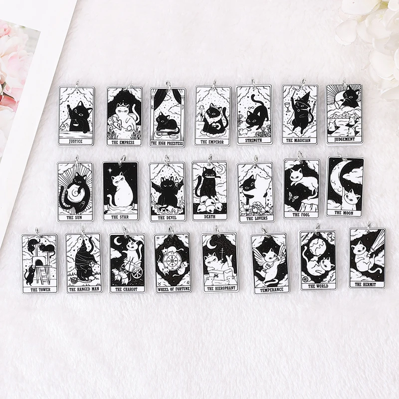 8Pcs 39*23 MM  Black White Cat Tarot Card Charms Creative Acrylic Sun Moon And Lovers Jewelry For Earring Necklace Diy