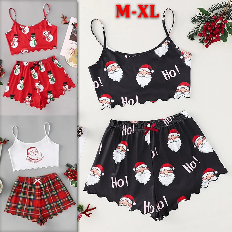 Christmas Pajamas Set New Women\'s Sleeveless Undershirt Shorts Homewear Two-piece Thin Pajamas Christmas Pajama Par