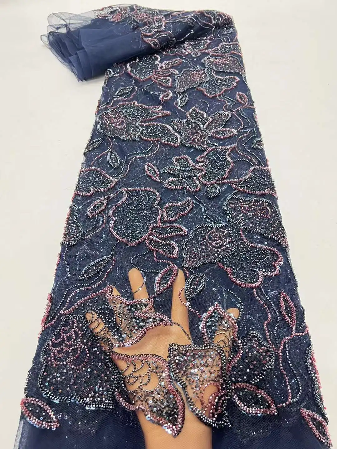Tela de encaje de lentejuelas de tul pesado africano para mujer, hecho a mano, cuentas africanas, tela de lujo para vestidos de fiesta de boda, alta
