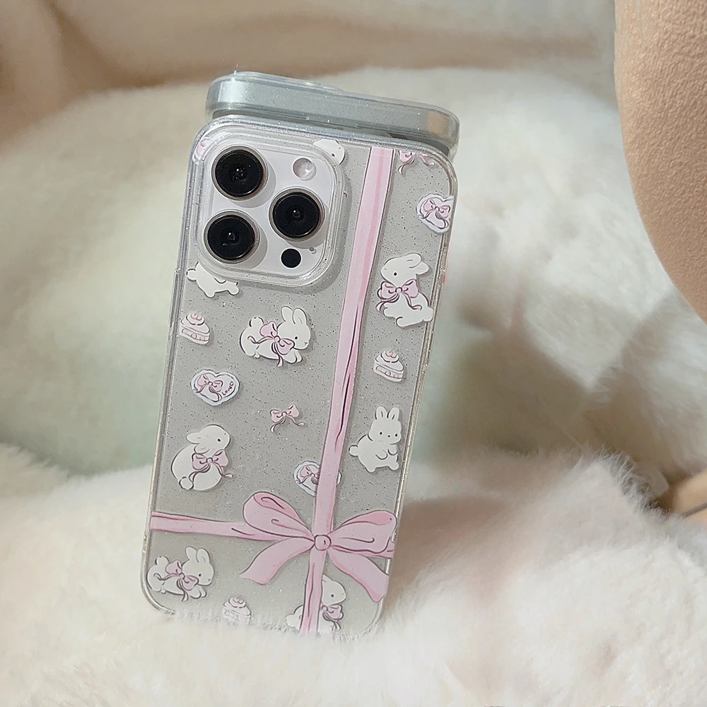 풀 스크린 반짝이 만화 귀여운 나비 매듭 토끼 충격 방지 보호 폰 커버 케이스, 아이폰 16, 15, 14, 13, 12, 11 프로 맥스 플러스