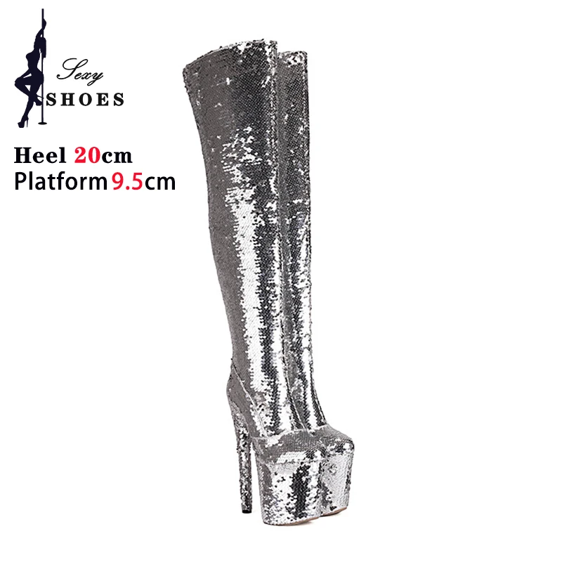 Fetish Long Boots Women Platform Over The Knee Boots  Bling Shiny Sequined Stripper Shoes 8 Inch Extreme High Heels Botas Mujer