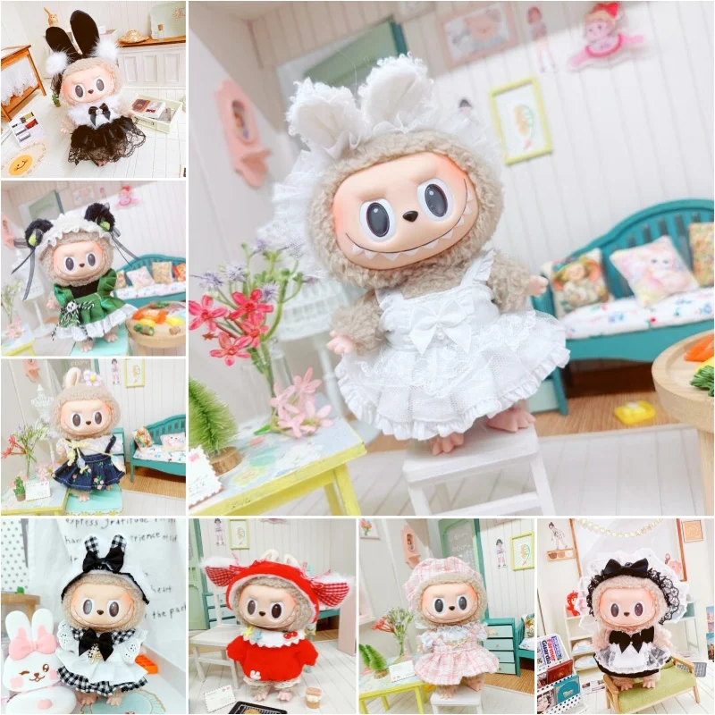 Doll Clothes for 17cm Labubu Dolls Toy Cute Mini Plush Doll\'s Outfit Accessories Student Outfit Maid Dress Hairpin Fans Gift