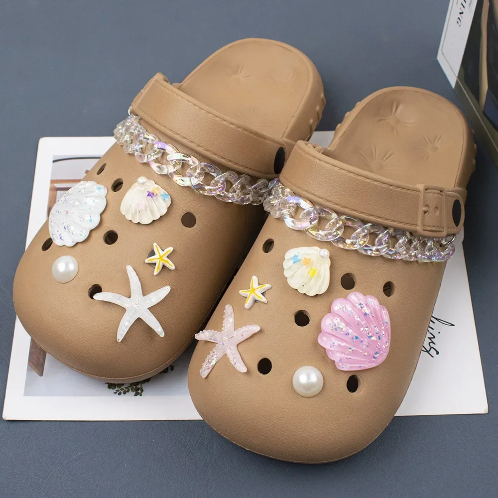 Colorful Acrylic Chain Hole Shoe Charms Accessories Shoe Buckle Cute Starfish Shells 3D Shoes Flower DIY Shoes Decorations