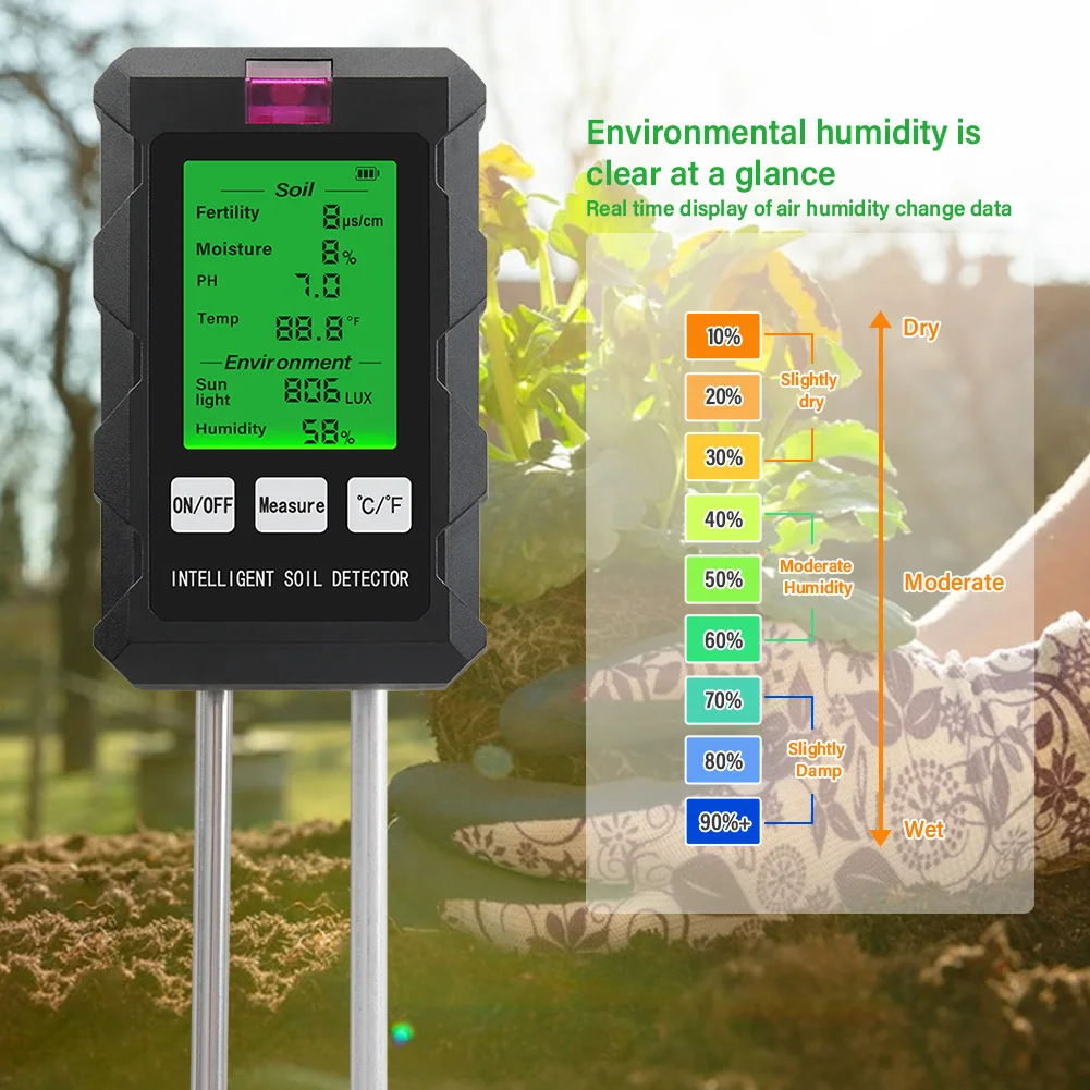 Digital 6 in 1 Soil PH Meter Fertility Soil Moisture Sunlight Ambient Humidity Temp Tester Monitor Detector Garden Soli Analyzer