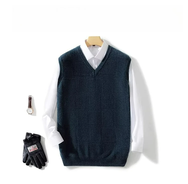 

Свитер из 100% австралийской шерсти, V-образный вырез, плечо, вязаный квадратный жаккардовый кашемировый жилет без рукавов в деловом стиле