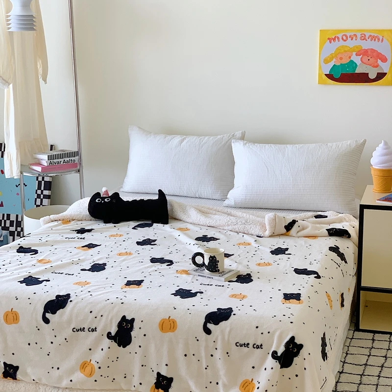 Cartoon Black Cat Blanket Plant Pumpkin Pattern Sleeping Blanket Black Polka Dot Design Office Warm Shawl with Invisible Zipper