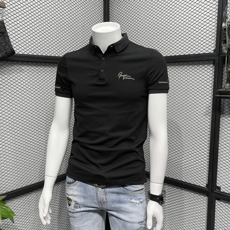 Embroidery Streetwear Polo T Shirt for Men High Quality Plain Skinny Mens with Collar Tee Shirts Top Clothing Cool New In Music