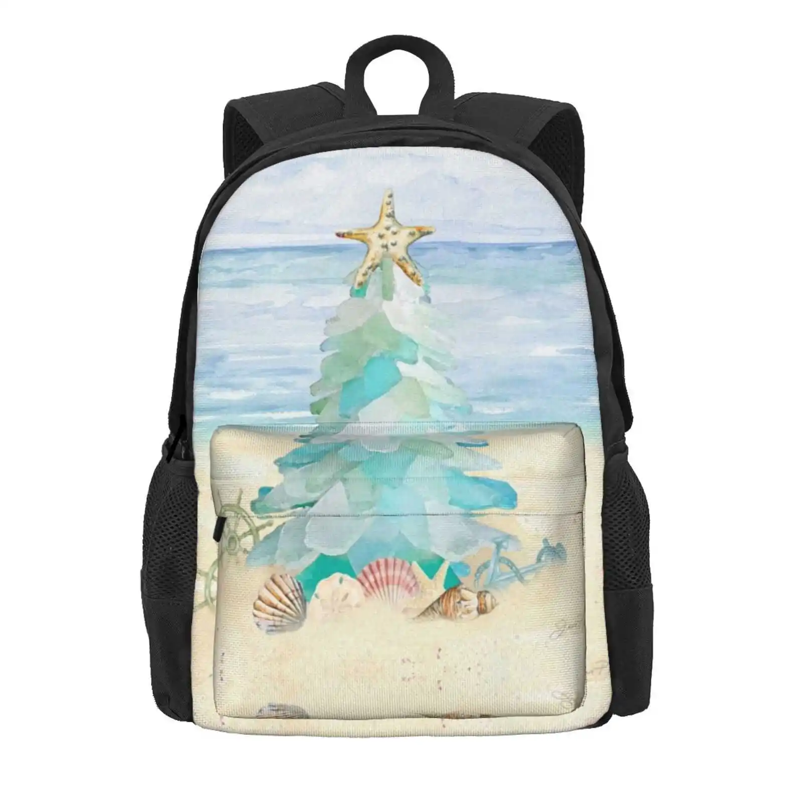 Coastal Seaglass Christmas Tree B Hot Sale Schoolbag Backpack Fashion Bags Coastal Ocean Beach Seagrass Shells Starfish Actor