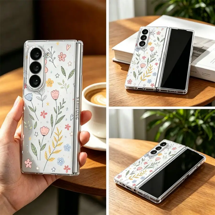 Hard Phone Cover Case for Samsung Galaxy ZFold7 Z Fold 7 6 5 4 3 ZFold5 ZFold4 ZFold3 ZFold6 Hand Drawn Wildflower Print