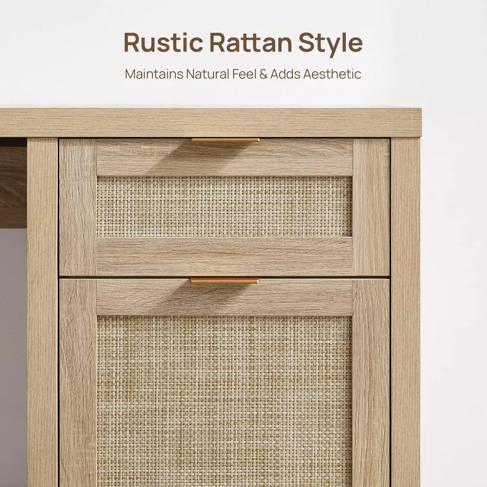 Rattan Home Office Desk with Drawer, 59" Farmhouse Boho Executive Desk with Storage Cabinet, Large Computer Writing, Customized