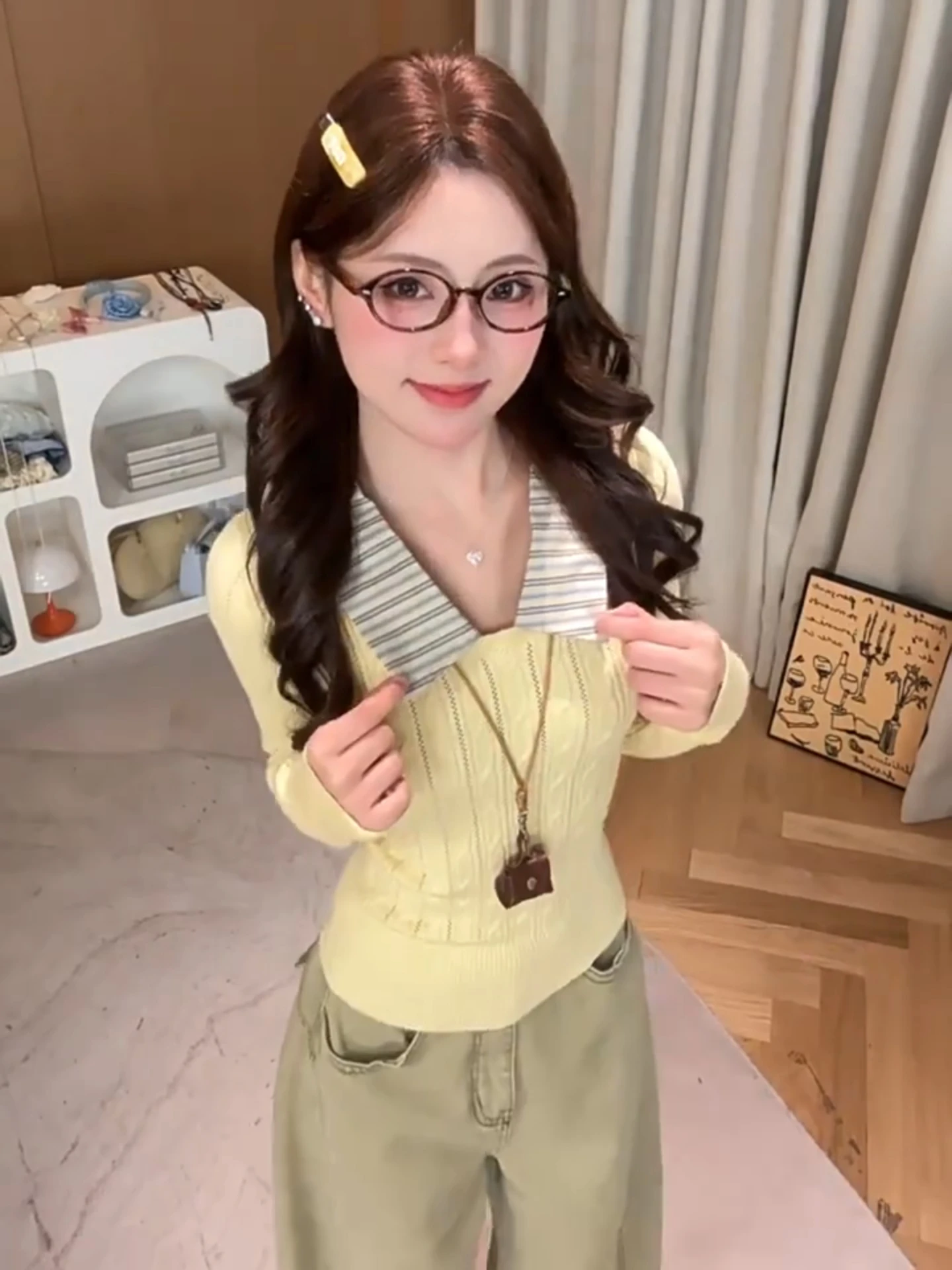 

Yellow Spliced Knitted Sweater Women's Slim Fit Autumn Winter Youthful College Sle Twist Flower Design Long Sve Top