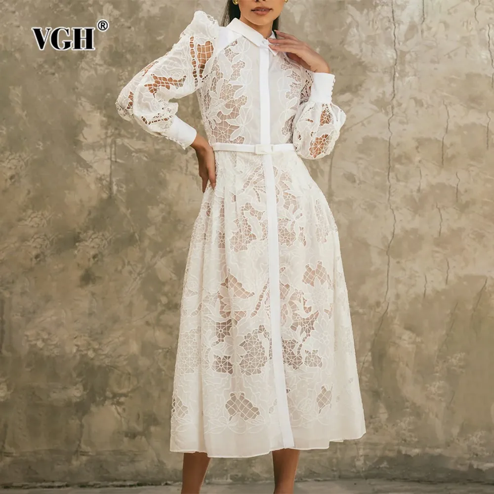 VGH Solid Patchwork Belt Elegant Long Dress For Women Lapel Long Sleeve High Waist Temperament Loose Dresses Female Fashion New