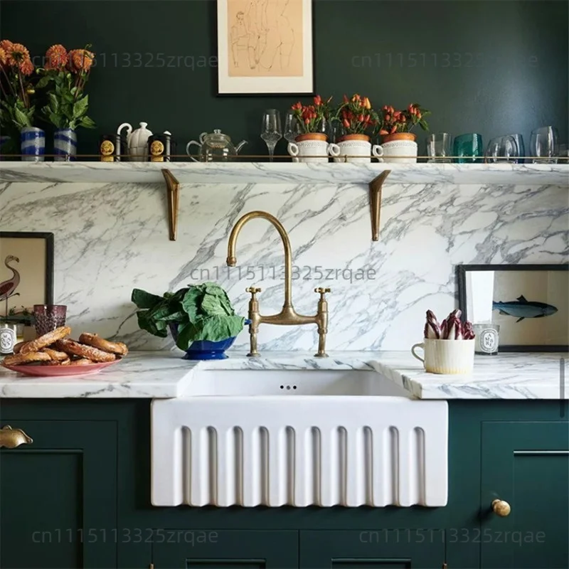Kitchen ceramic sink front open semi-embedded single sink vegetable basin