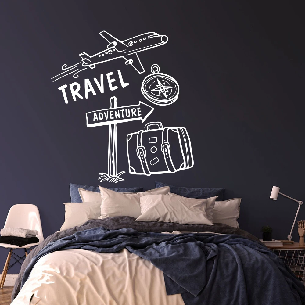 Modern Adventure Time Travel Wall Sticker Living Room Explore Airplane Compass Travel Bag Wall Decal Bedroom  Decor