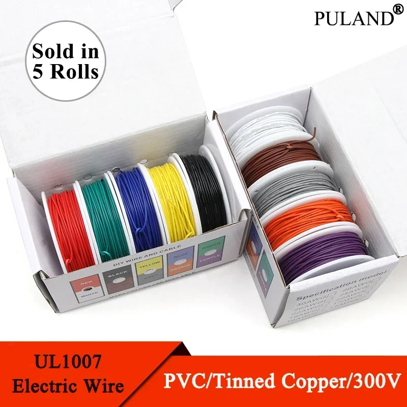 （5 Colors Mix Kit）UL1007 Wire PVC Insulation Tinned Copper Cable Stranded Electrical Line 30/28/26/24/22/20/18/16 AWG PCB Wire