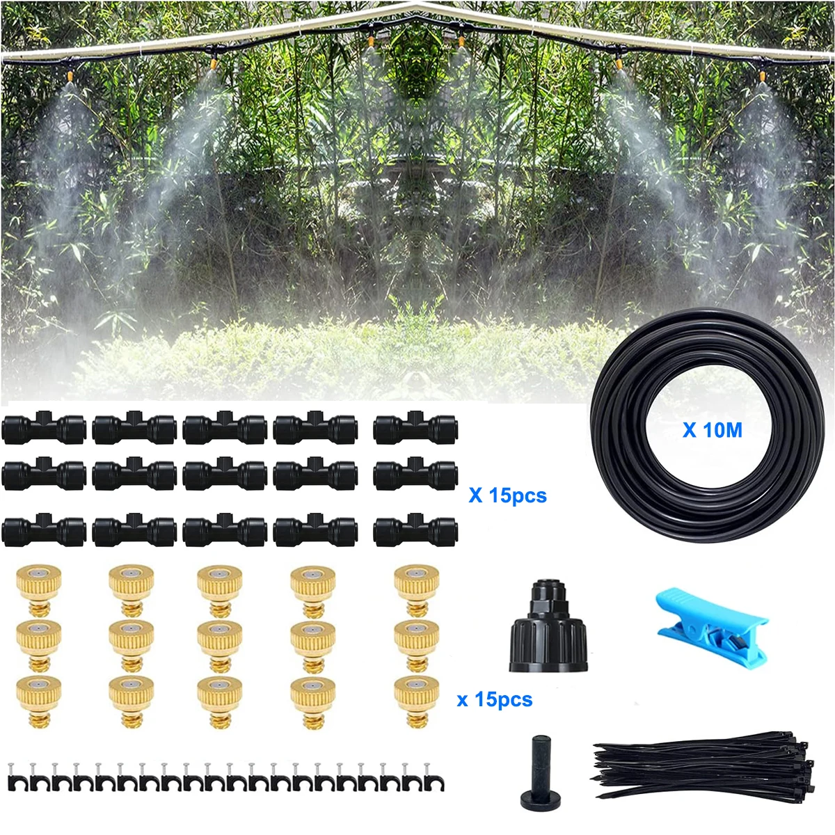 10M DIY Mist Cooling System Outdoor Misting Kits Patio Irrigation spray with 15pcs low pressure Brass nozzle orifice 0.1-0.8mm