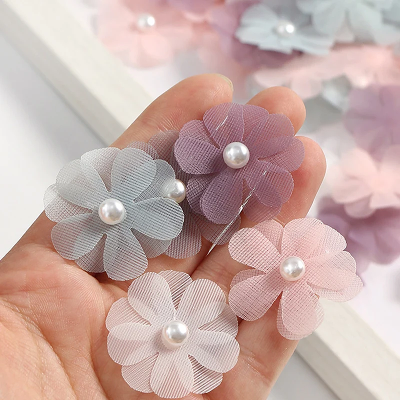 30Pcs 3.5CM Hot Sale Flower With Pearl Bead For Children\'s Headband Hair Clip Accessories Cloth Hats Decoration Patches