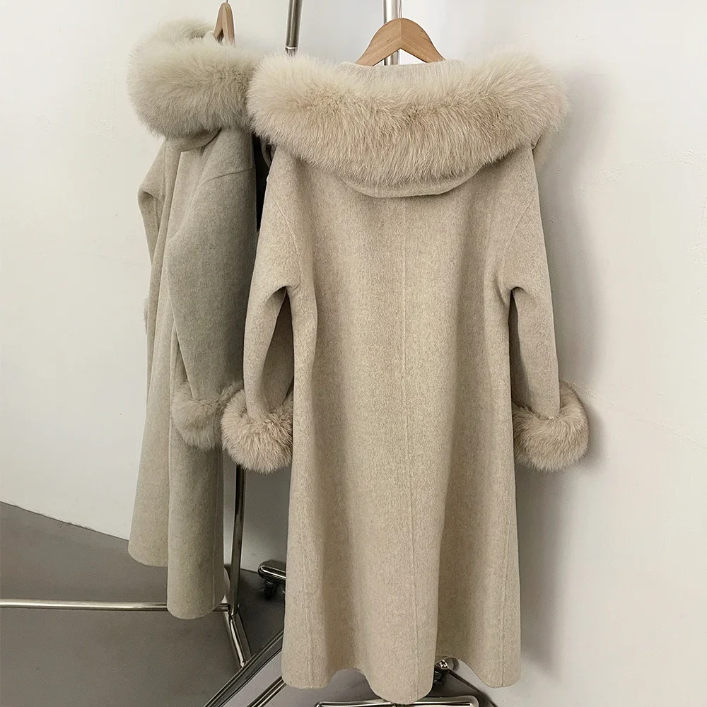 OFTBUY Neuer Winter Warmer Kapuzenmantel aus Einfarbigem Wollstoff für Damen Langer Wollmantel mit Echtem Fuchspelz-Gürtel an der Taille Damenjacke – Detail 21