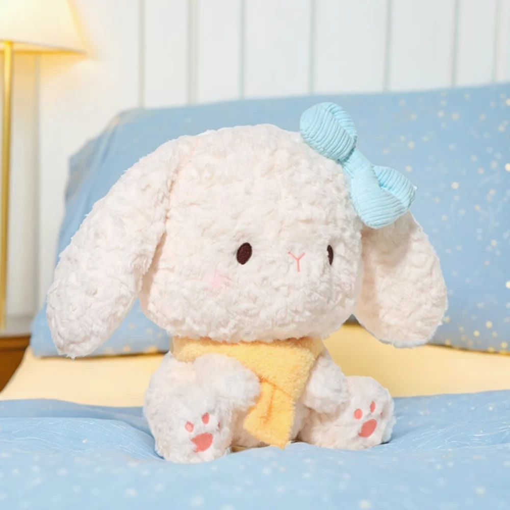 Kawaii Fluffy Rabbit Plush Toys Wearing Blue Bow Yellow Scarf Squishy White Bunny Stuffed Animal Dolls Cuddle Birthday Presents