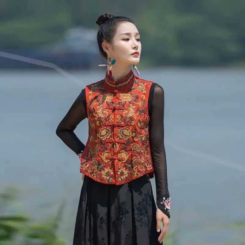 2024 chinese vintage vest national flower embroidery satin jacquard ethnic waistcoat retro sleeveless jacket vest