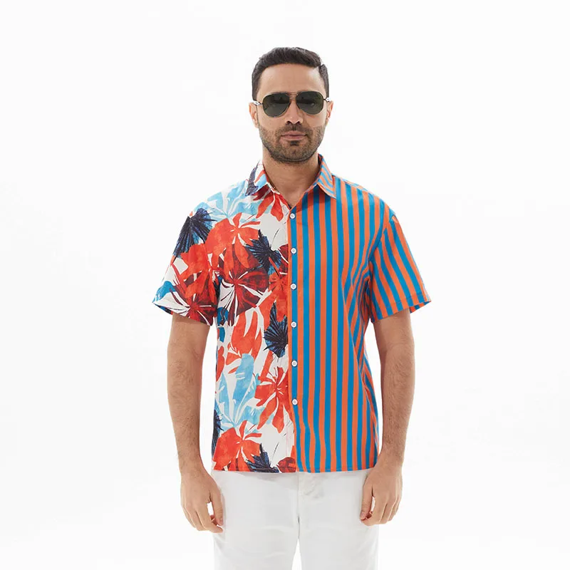 Summer New Fashion Men Hawaiian Short Sleeve Beach Shirt Mens Oversized Vintage Patchwork Striped Shirts Poleras Chemise Homme