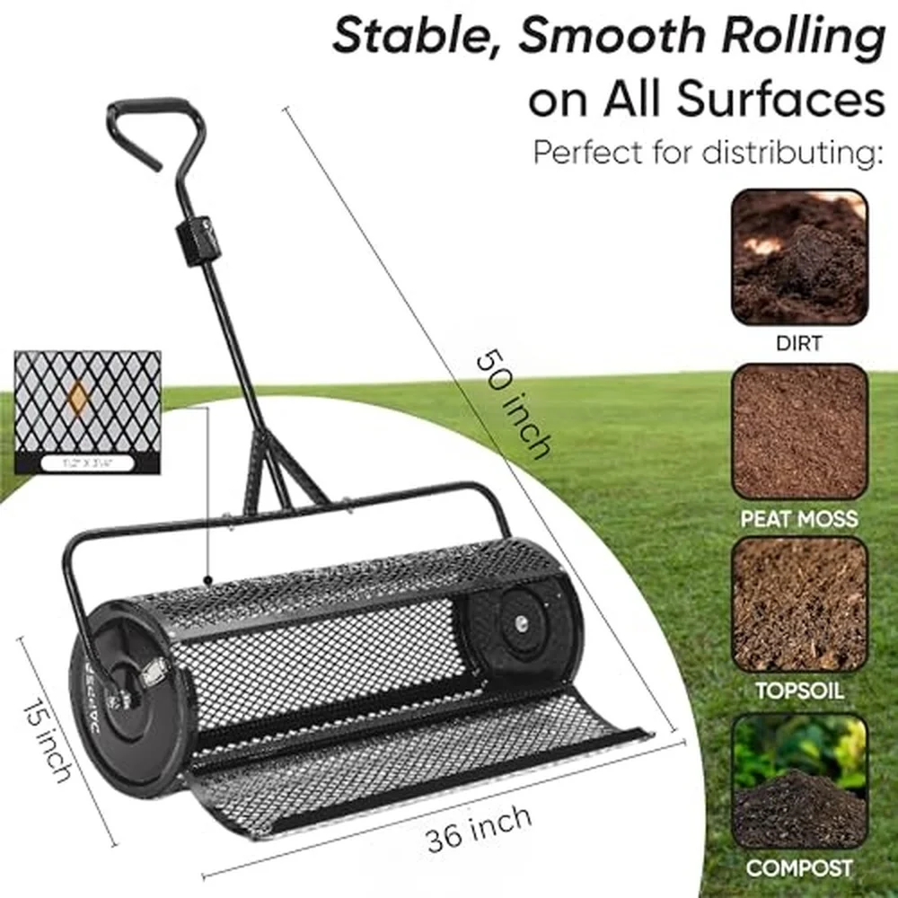Compost Spreader 36 Inch Towable Peat Moss Spreader Heavy Duty Rust Resistant Steel Frame Roller Lawn Spreader for Top