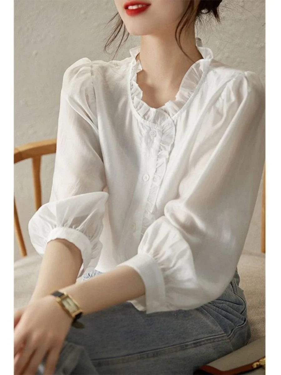 

Женская шифоновая блузка с воротником-стойкой, модная, в гонконгском стиле, универсальная, скрывающая недостатки фигуры, весна-осень, новая модель