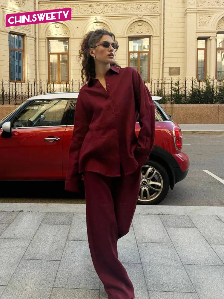 Casual Flax Solid Holiday Outfit Fashion Lapel Single Breasted Long Sleeve Shirt Wild Leg Trousers Set 2025 Vacation Pants Suit