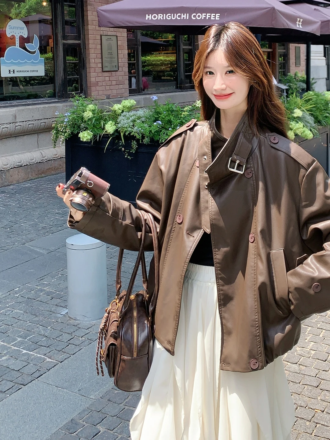 Cé Brown Workwear Protein Leather Jaet Women's ort Sle Spring Autumn High Faion Cool Biker Coat Zipper Closure Long...