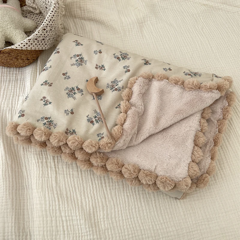 90X130cm Warm Winter Baby Blanket Pompom Blush Sprigs and Blooms Minky Blanket Floral Baby Blanket Quilt Bedding Cover