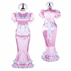 Meisje sexy meid sissy afsluitbare roze satijnen fishtail jurk cosplay kostuum op maat gemaakt geen slot