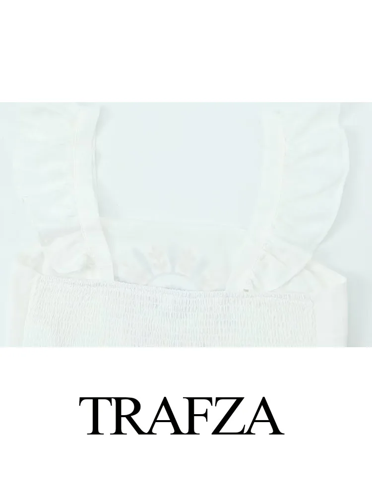 TRAFZA-ملابس علوية نسائية بيضاء بياقة مربعة بدون أكمام وتنورة طويلة بسحاب عالي الخصر ، طقم تنورة نسائية ، بدلات صيفية ، موضة