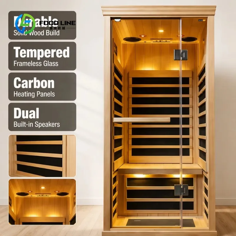 Custom Made Small Indoor Infrared Sauna Premium Solid Wood Tempered  Carbon Heating Dual Speakers Infrared Sauna Cabin