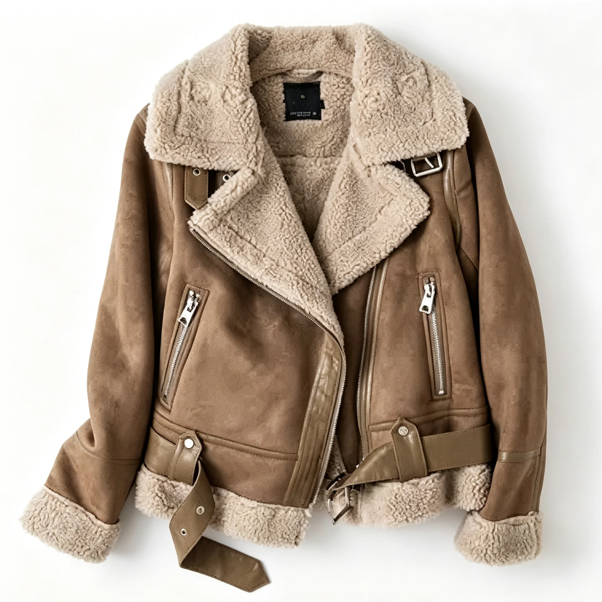 Winter Women Thick Warm Suede Lamb Jackets Short Motorcycle Brown Coats Luxury Faux Shearling Sheepskin Leather Outwear Commute