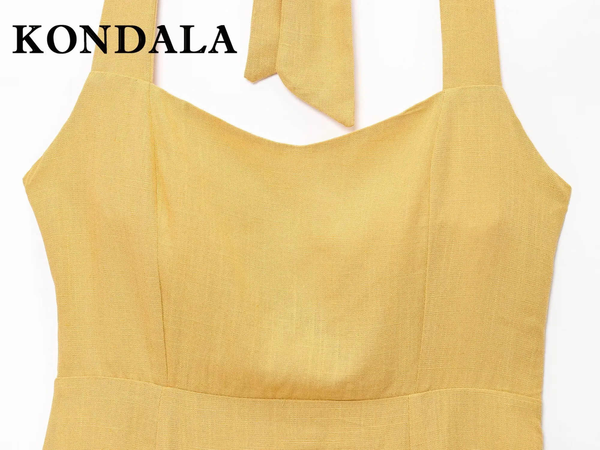 KONDALA Y2K Chic Yellow Streetwear Pleated Woman Dress Elegant Tank Sheath Dress Summer Night Party Fashion 2025 Halter Vestidos