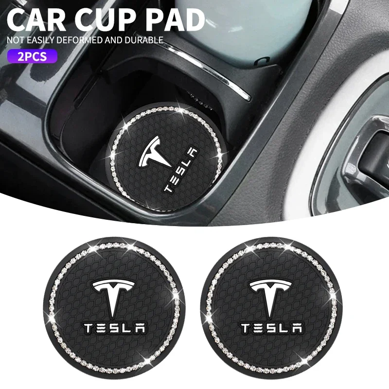 2Pcs Car Coasters Water Cup Slots Non-Slip Mat Waterproof Water Cup Mat Drink Pad For Tesla Model Y Model S Model X