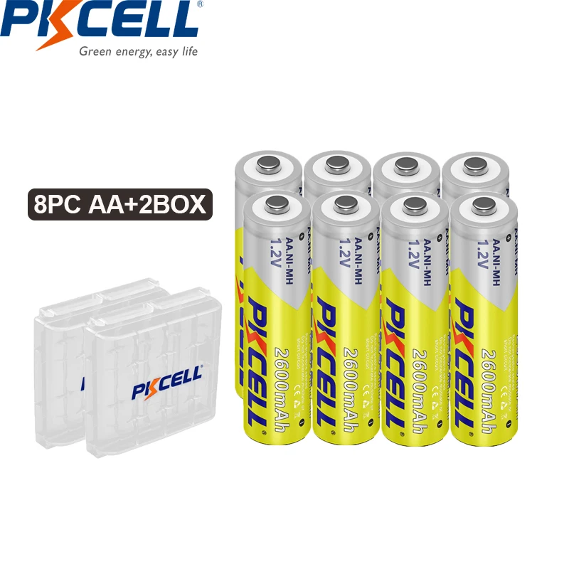 

8PC PKCELL AA Rechargeable Batteries 2600mAh 1.2V Ni-MH AA Battery for flashlight remote control camera+ 2PC AA/AAA Battery Box