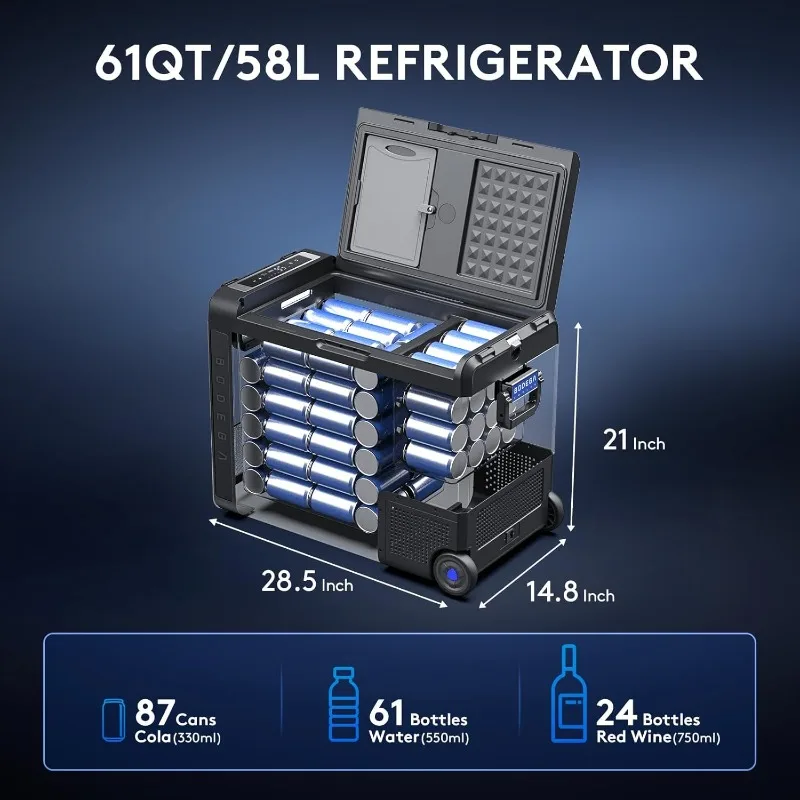 Geladeira para carro de 12 volts, 61 quartos (58L) Controle por aplicativo WIFI, freezer portátil -4 ℉ -68 ℉ , Refrigerador elétrico RV 12/24V DC