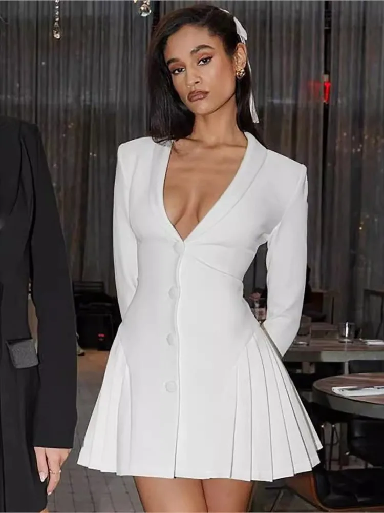 

Temperament Dress Fashion Solid Color Loose Casual Sexy Woman Clothing Long Sleeve High Waist Deep V Short Pleated Dress