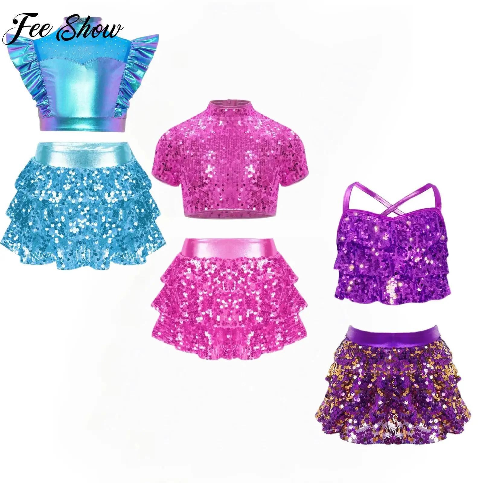

Girls Rhinestone Metallic Hip-Hop Jazz Dance Outfit Cheerleading Uniform Sequins Tops Culottes for Dance Party Stage Performance