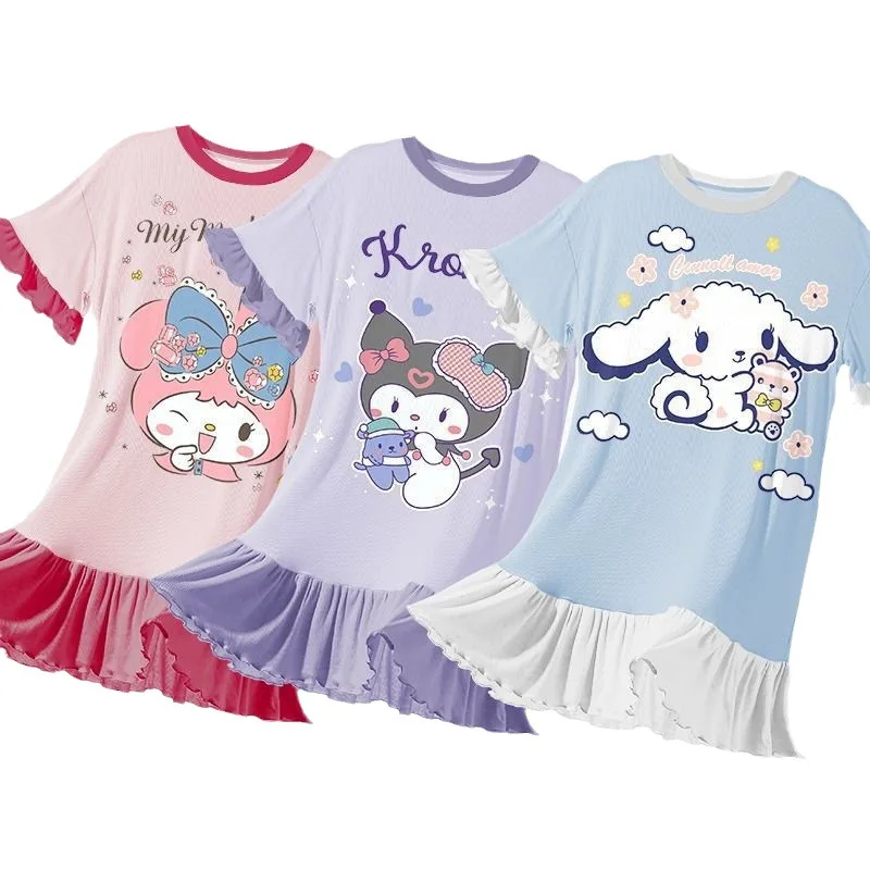 

Cartoon Pajamas Anime Sanrio Nightdress My Melody Kuromi Cinnamoroll Woman Pajamas Summer Girl Dress Parent-Child Home Clothes