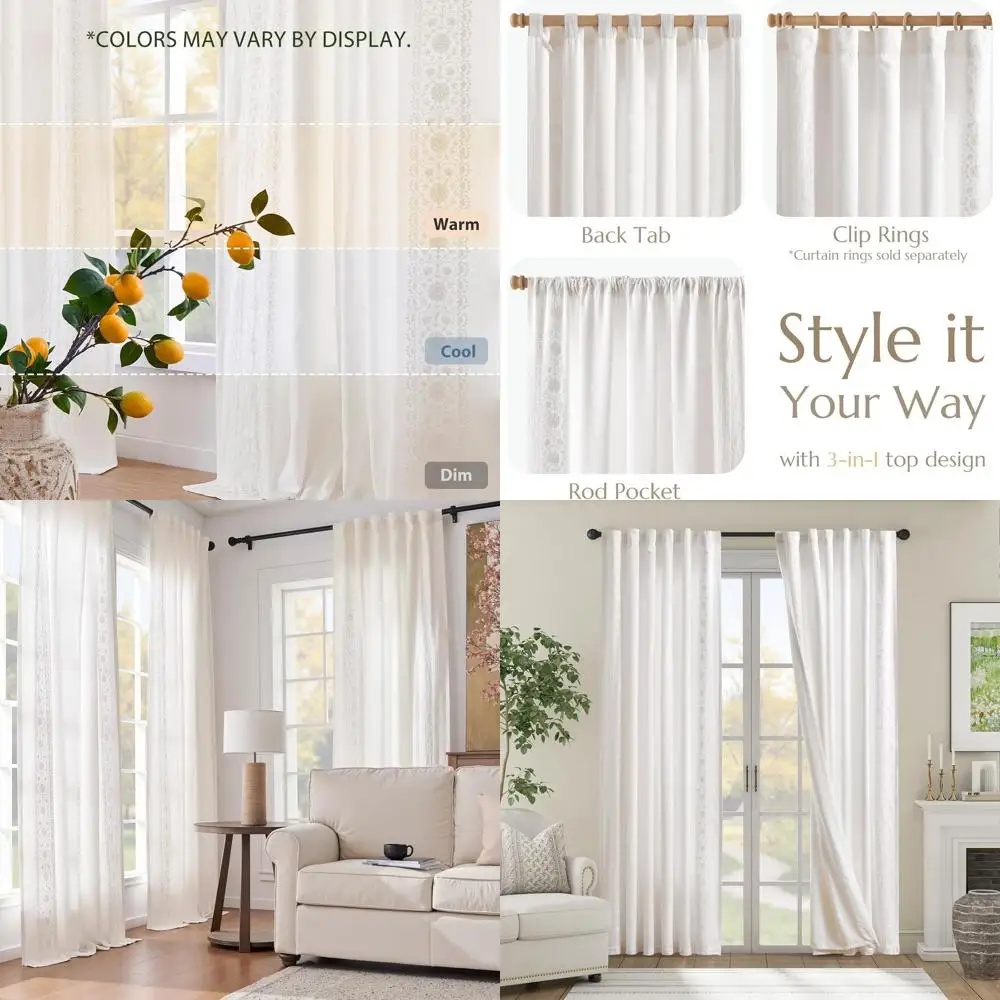 

Vintage Floral Embroidered Linen Curtains, 84 Long, Lined, Off-White, 2-Panel Set for Bedroom & Living Room