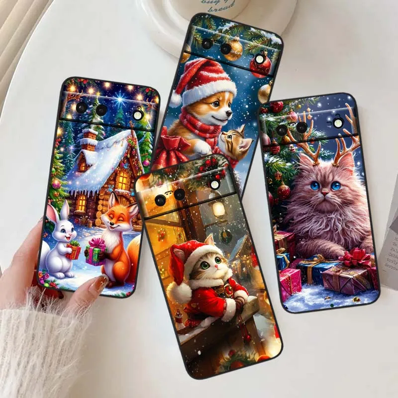 Рождественский чехол для телефона с мультяшным котом для Google Pixel 10 9a 9 8A 8 7 7A 6 6A Pro XL 2024 5G, черный, мягкий, из ТПУ, силиконовый