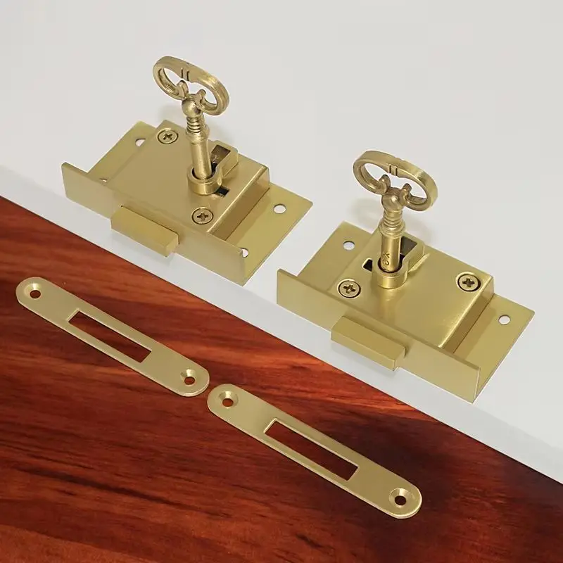 2PCS Pure Brass Drawer Cabinet Locks Cupboard Locker File Cabinet Locks Hidden Wood Cases Jewelry Gift Box Dresser Locks+Key