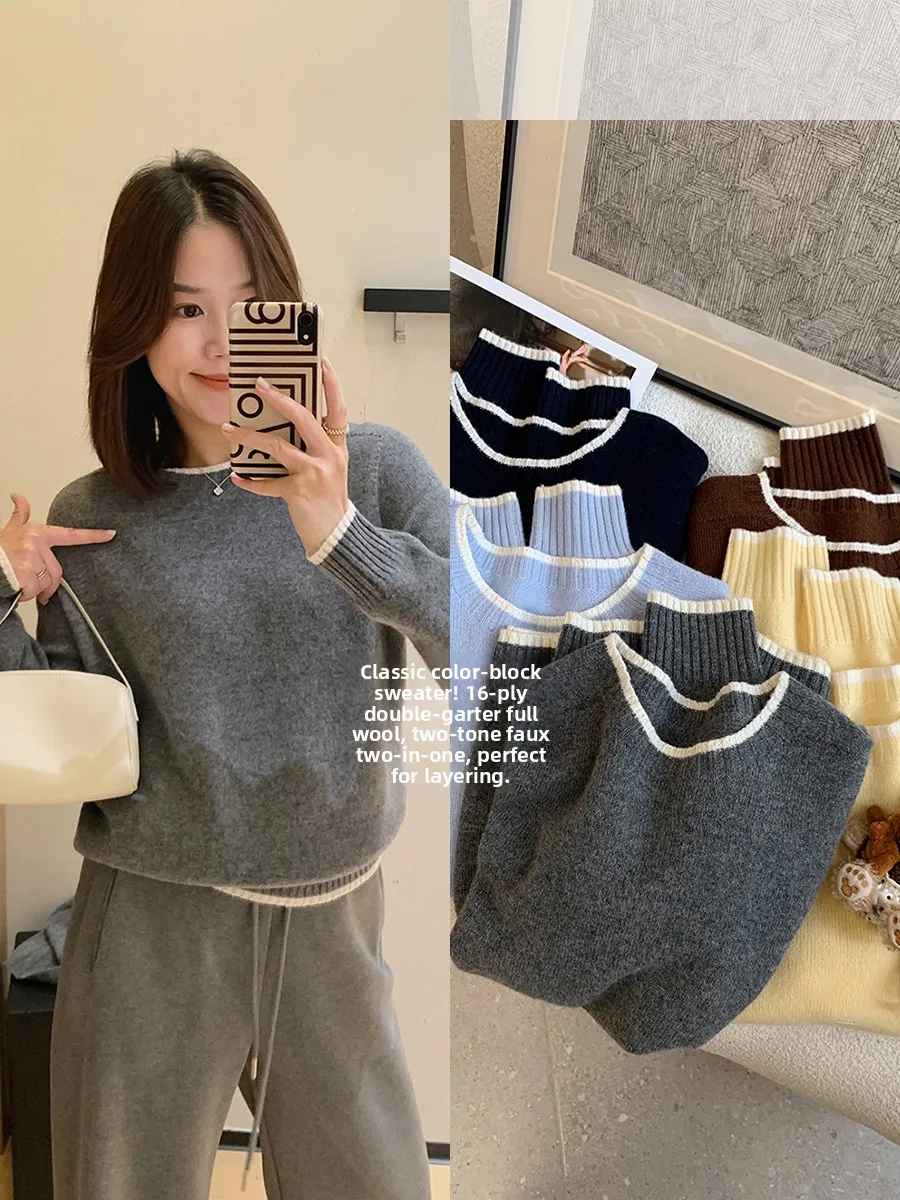 

Double-Color Sweater 6-Ply Double-Wool Ne round Inner Knitted irt Women's Casual Sle Soft Woolen Long Sve round Ne