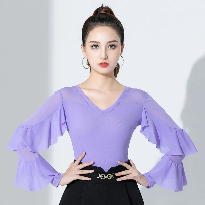 Female Adult Mesh Latin Dance Tops New National Standard Dance Top Friendship Modern Dance Long Sleeved Bodysuit Top Performance