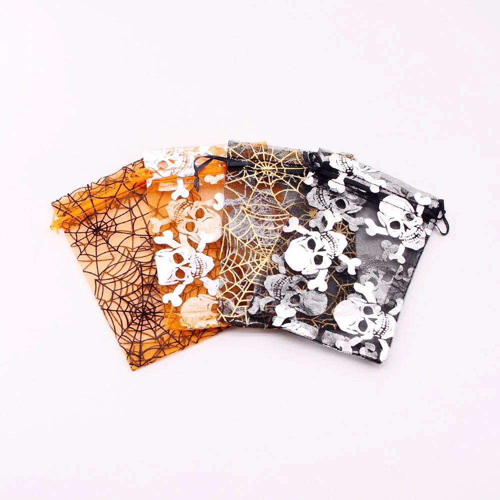 100pcs/lot 13x18cm Organza Halloween Gift Bags Pumpkin Lantern Spider Web Printing Drawstring Pouch Sachet Bag Packaging